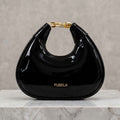 Glossy Patent Leatherette Curved Hobo Handbag