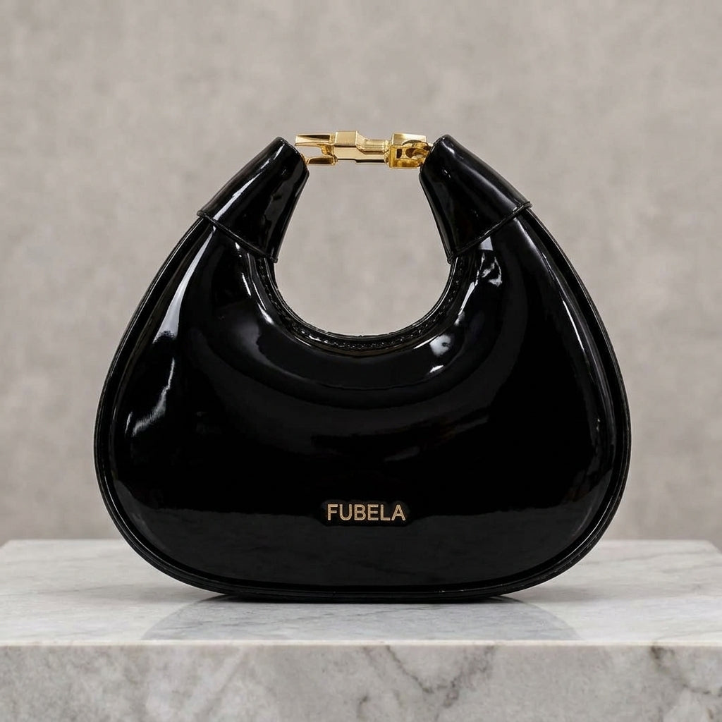 Glossy Patent Leatherette Curved Hobo Handbag