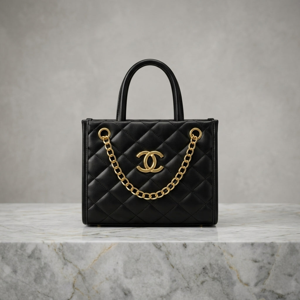 Quilted Leatherette Mini Tote Bag with Gold Chain Detail