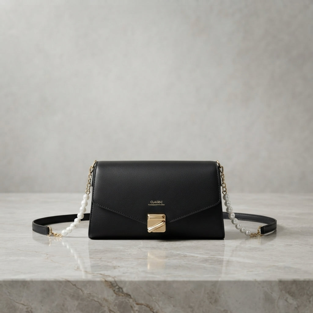 Classic Envelope Shoulder Bag with Pearl Accent & Gold Hardware Clasp
