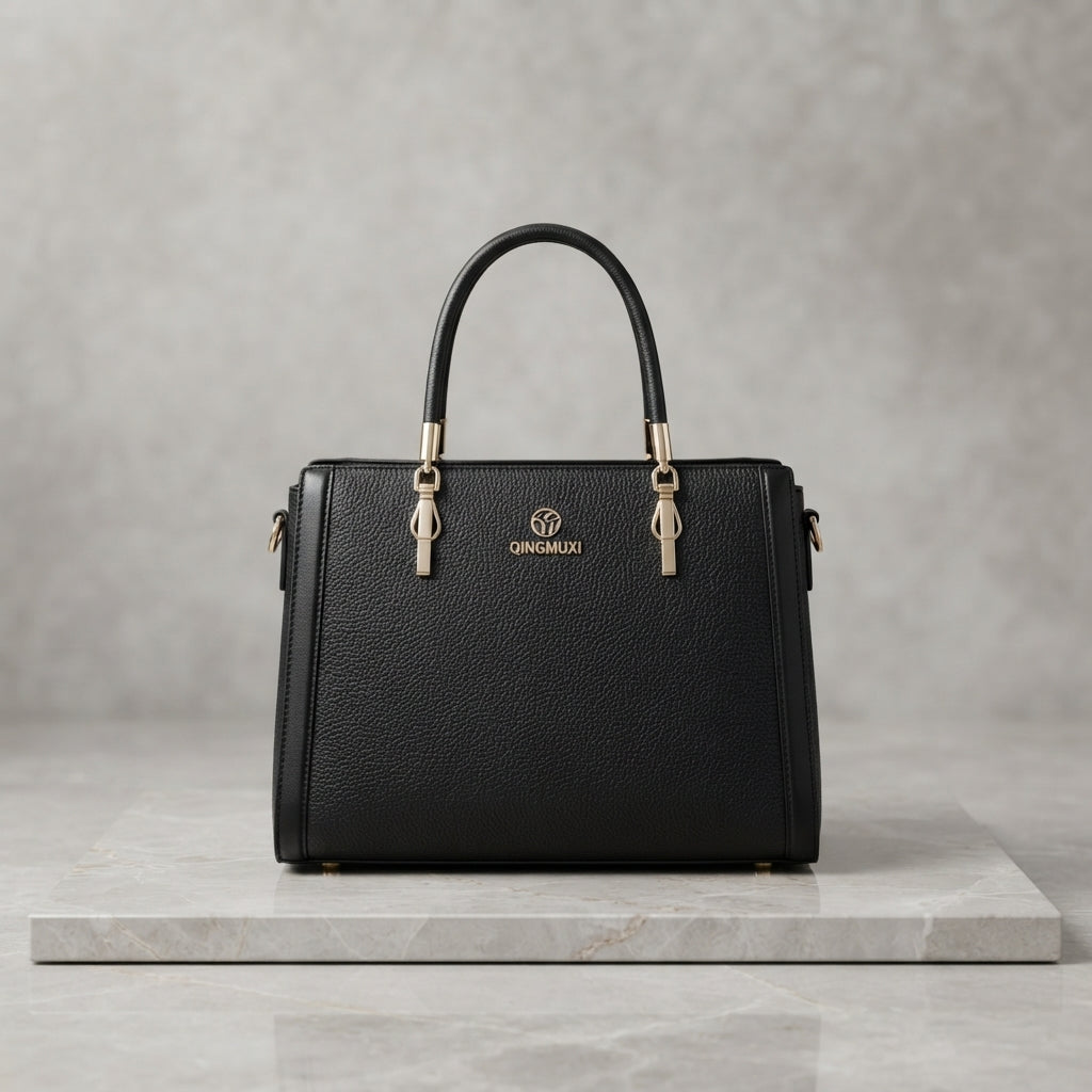 Classic Textured Leatherette Satchel Handbag with Key Tag Charm