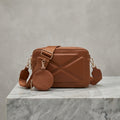 Charcoal Beige Saffiano Camera Crossbody Bag with Coin Purse & Wide Strap