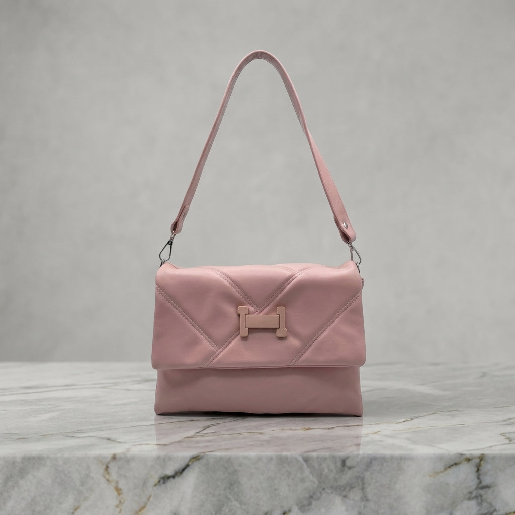 Blush Pink Geometric Quilted Flap Shoulder Bag with Matte Buckle