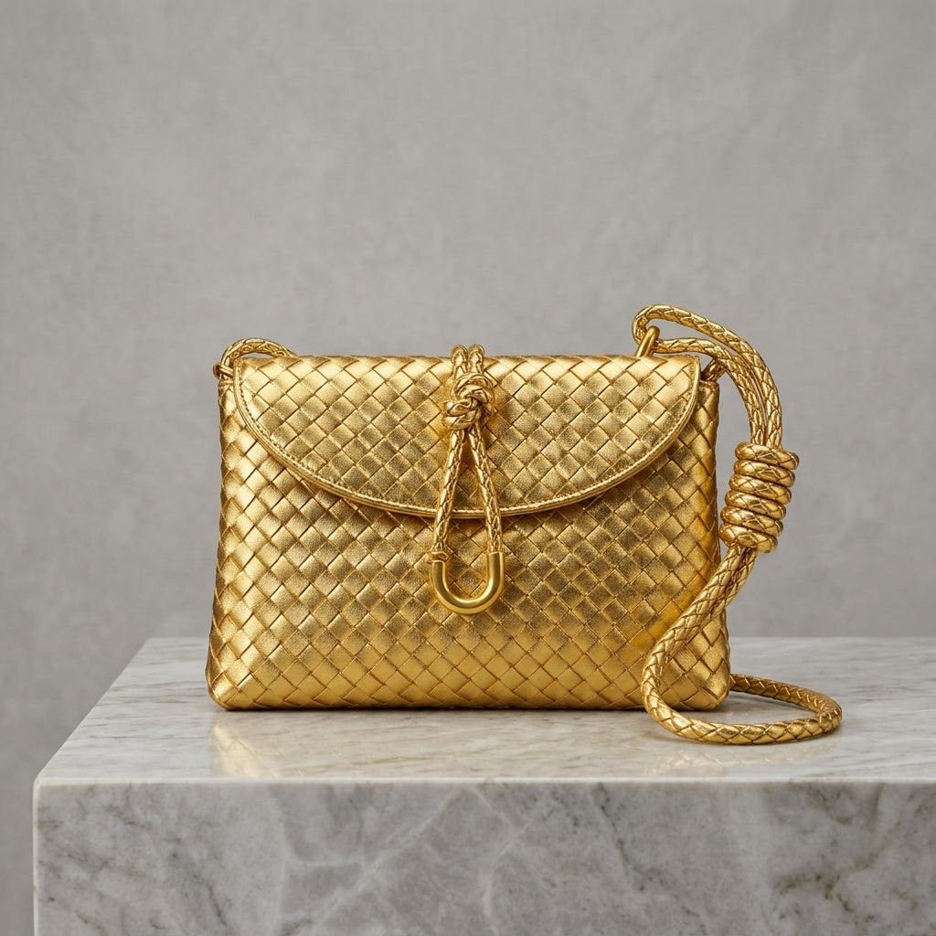 Woven Leatherette Crossbody Bag – Flap Shoulder Bag with Knot Detail