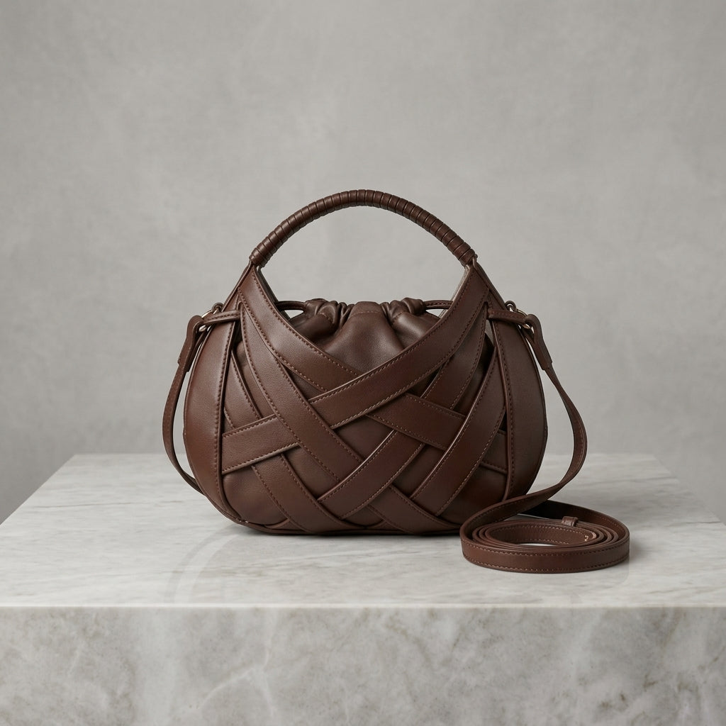 Woven Cage Drawstring Satchel Bag – Convertible Crossbody Shoulder Bag