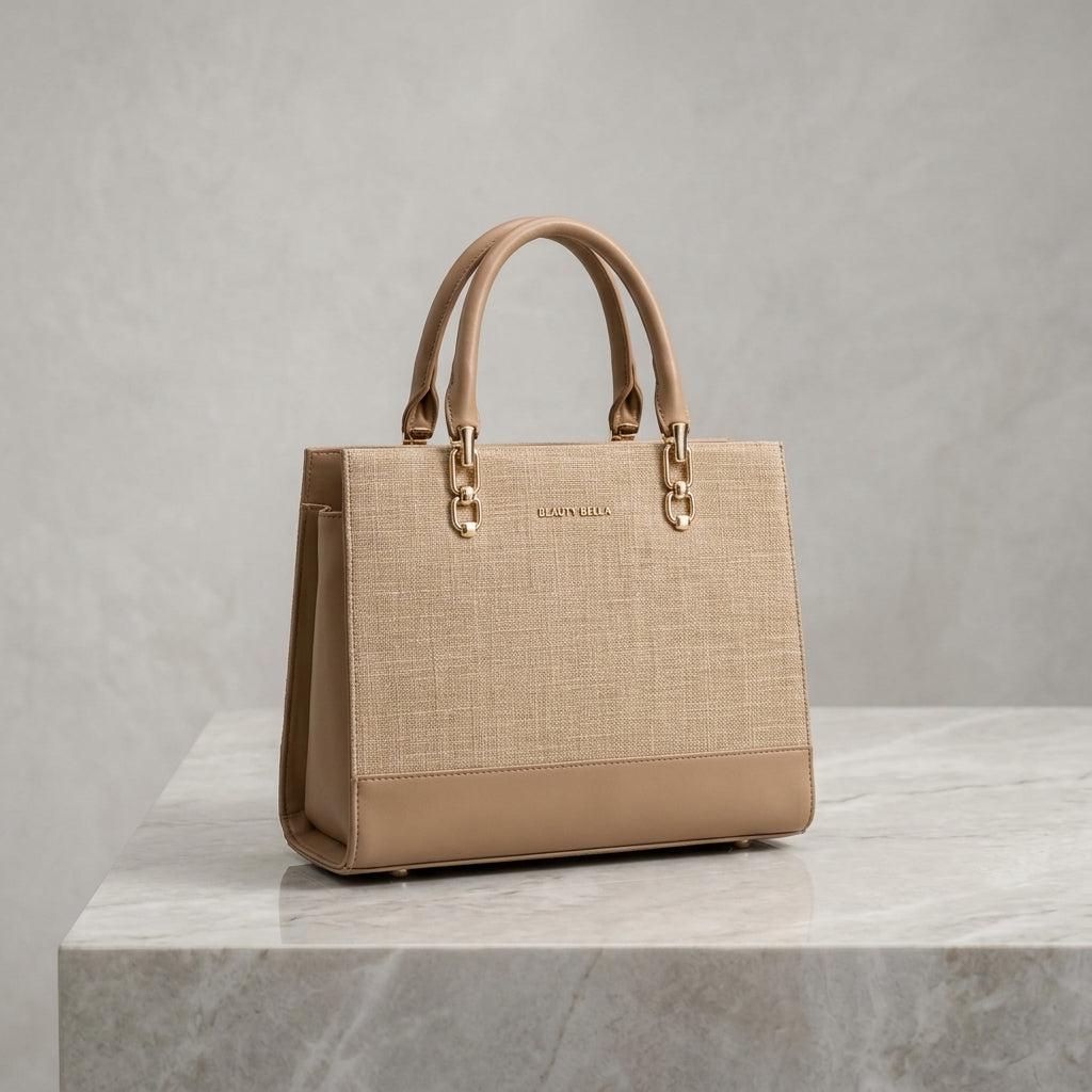 Woven Canvas & Leatherette Executive Structured Tote Bag