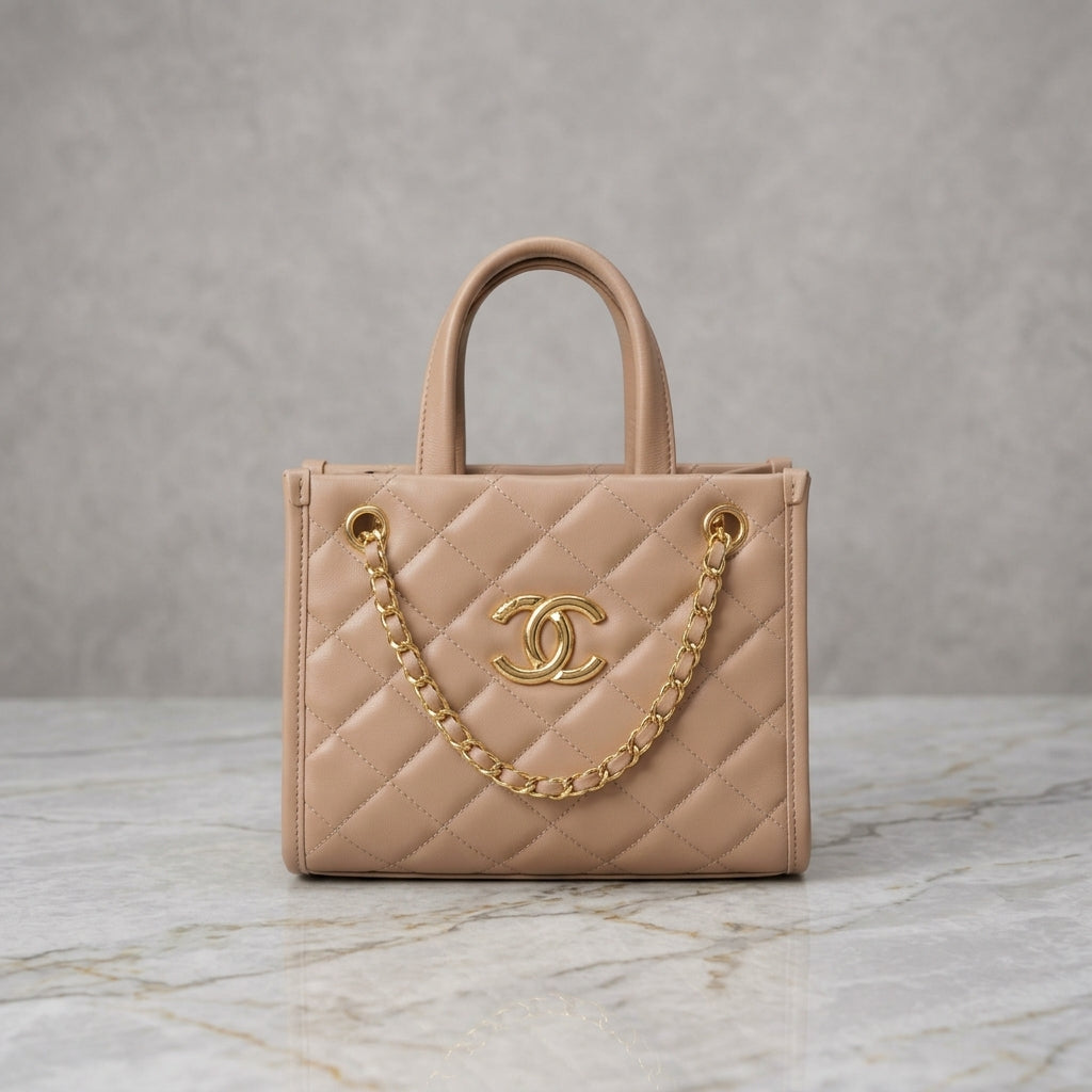 Quilted Leatherette Mini Tote Bag with Gold Chain Detail