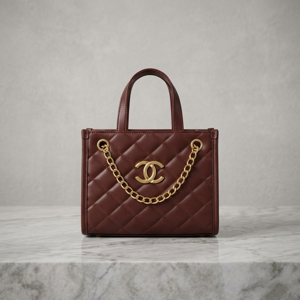 Quilted Leatherette Mini Tote Bag with Gold Chain Detail