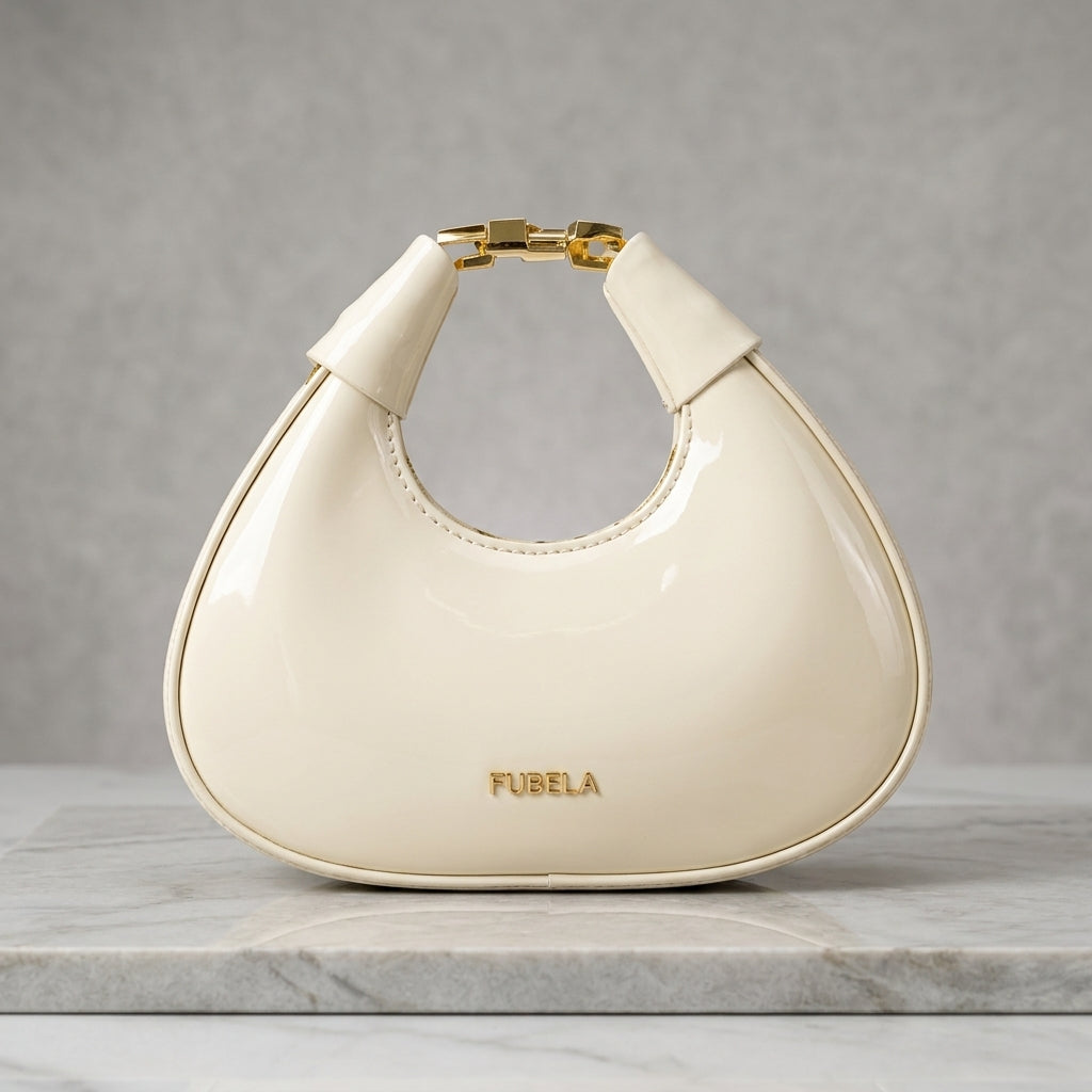 Glossy Patent Leatherette Curved Hobo Handbag
