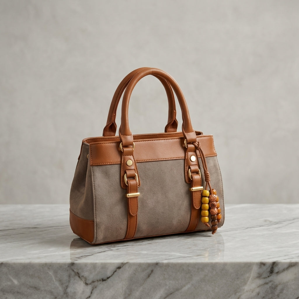 Dual-Tone Suede & Faux-Leather Satchel Bag with Beaded Tassel Accent