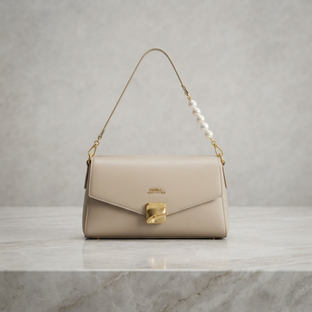 Classic Envelope Shoulder Bag with Pearl Accent & Gold Hardware Clasp