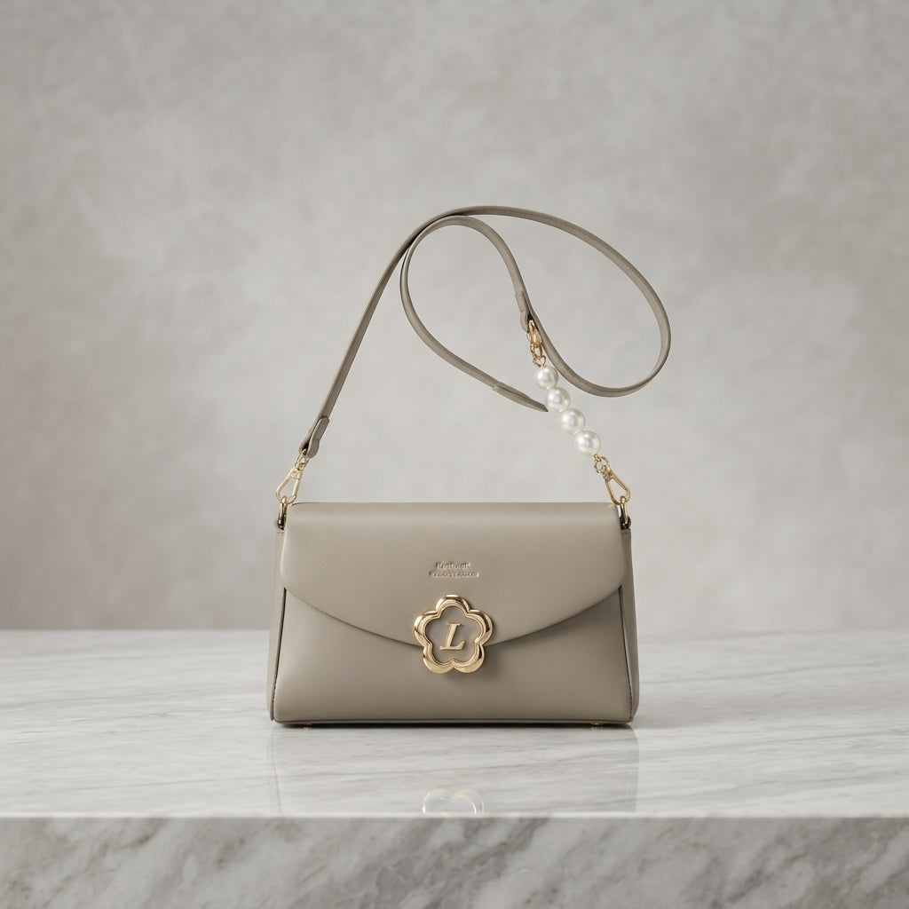 Elegant Floral Logo Flap Shoulder Bag with Pearl Accent