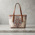 Vintage Printed Pattern Tote Bag with Leather Straps