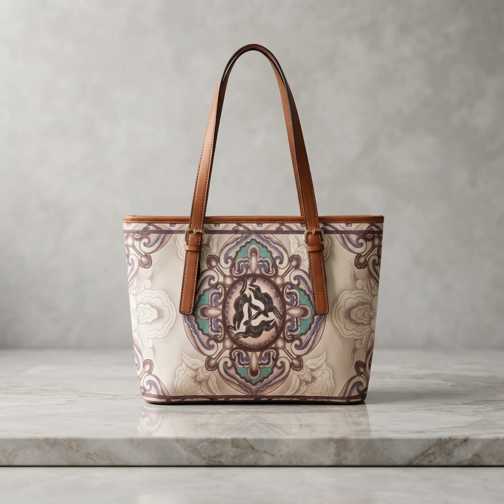 Vintage Printed Pattern Tote Bag with Leather Straps