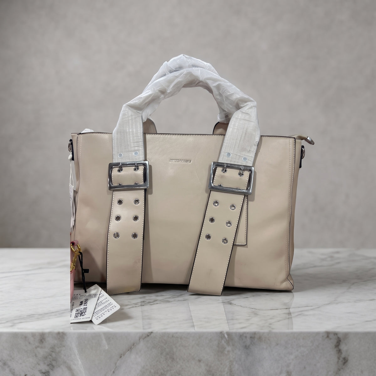 Structured Leather Tote Bag with Buckle Detail – Taupe Brown Shoulder Bag