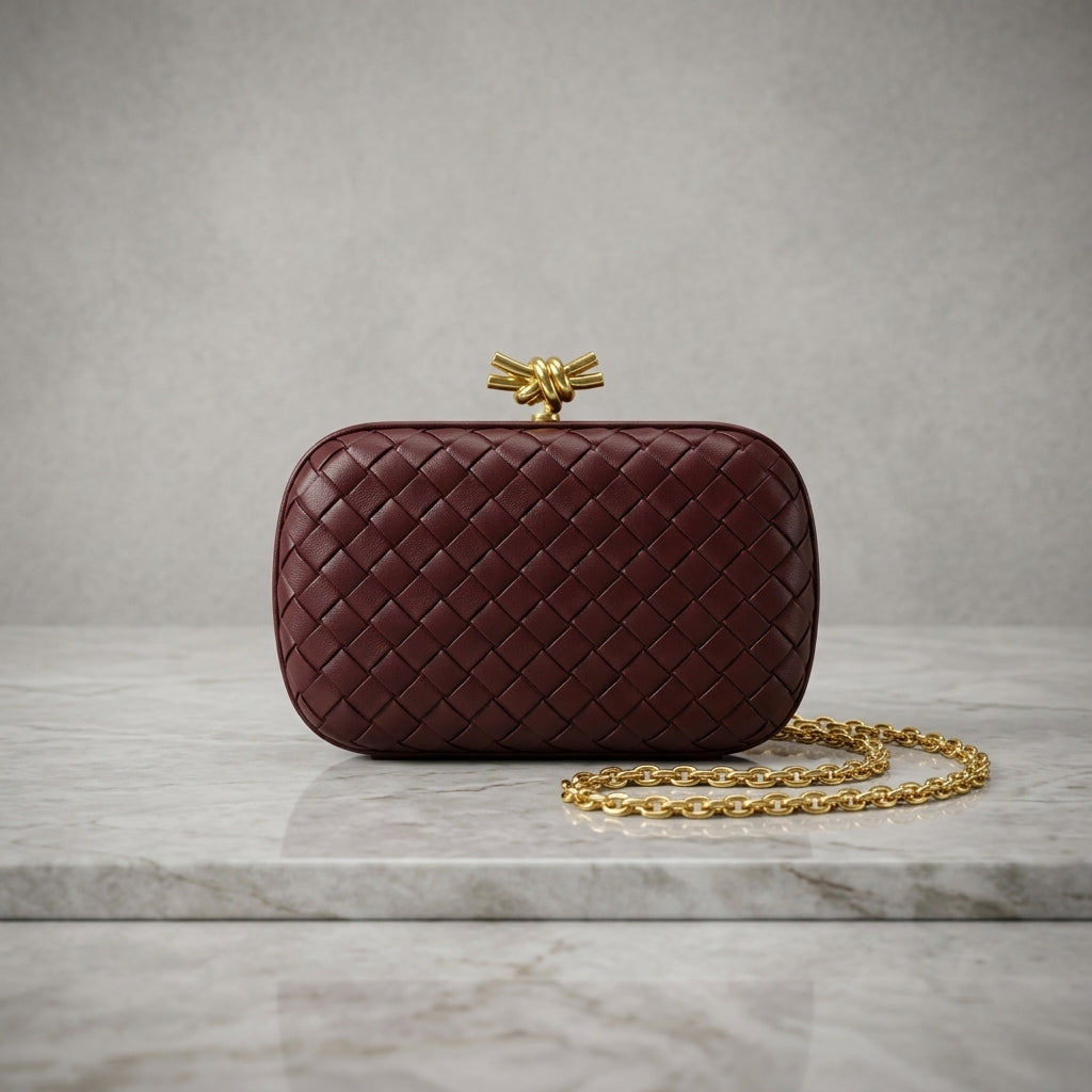 Woven Leatherette Box Clutch Bag – Knot Clasp Evening Minaudière