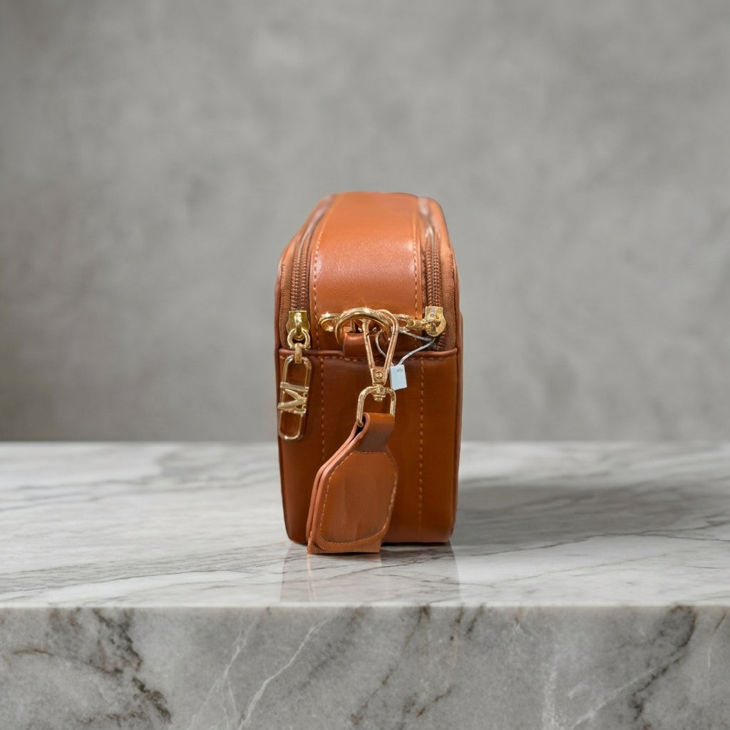 Charcoal Beige Saffiano Camera Crossbody Bag with Coin Purse & Wide Strap