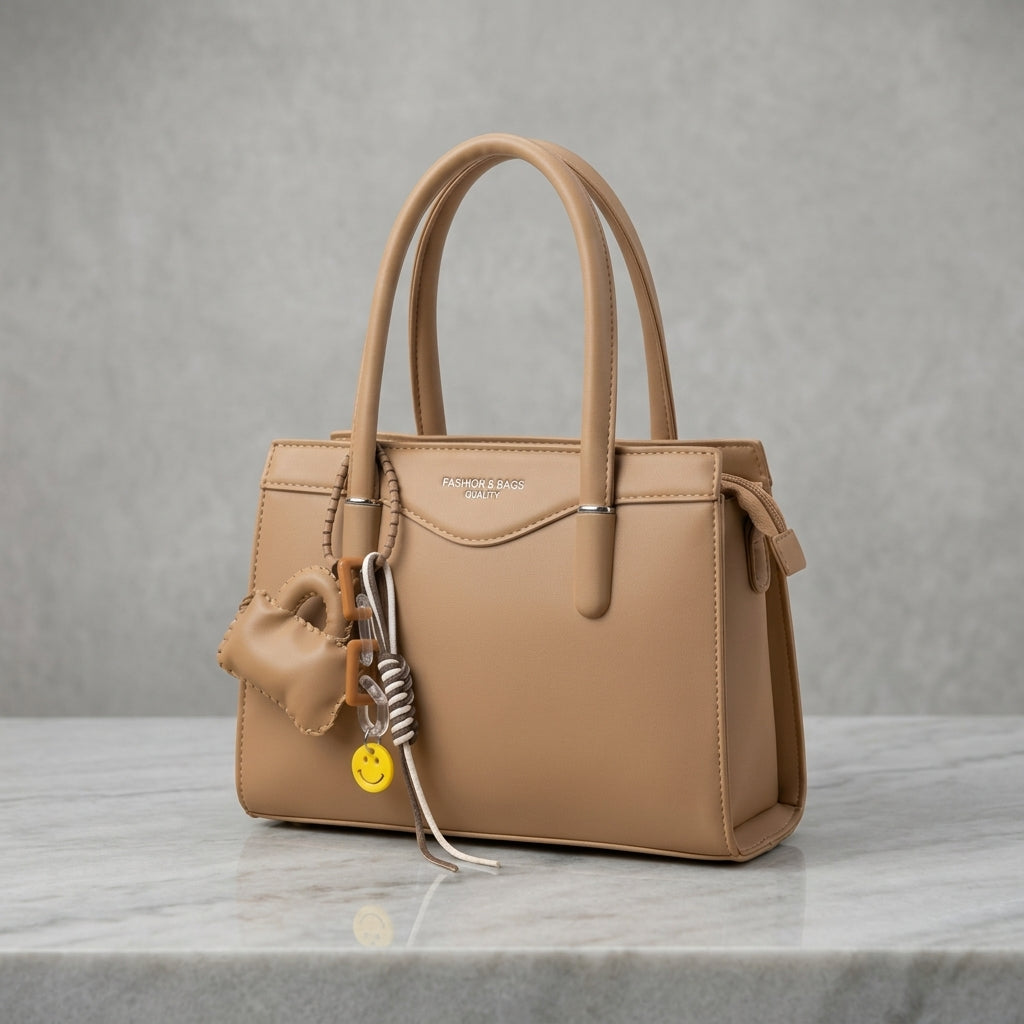 Structured Taupe Leatherette Satchel Hand Bag with Mini Pouch & Smiley Charm