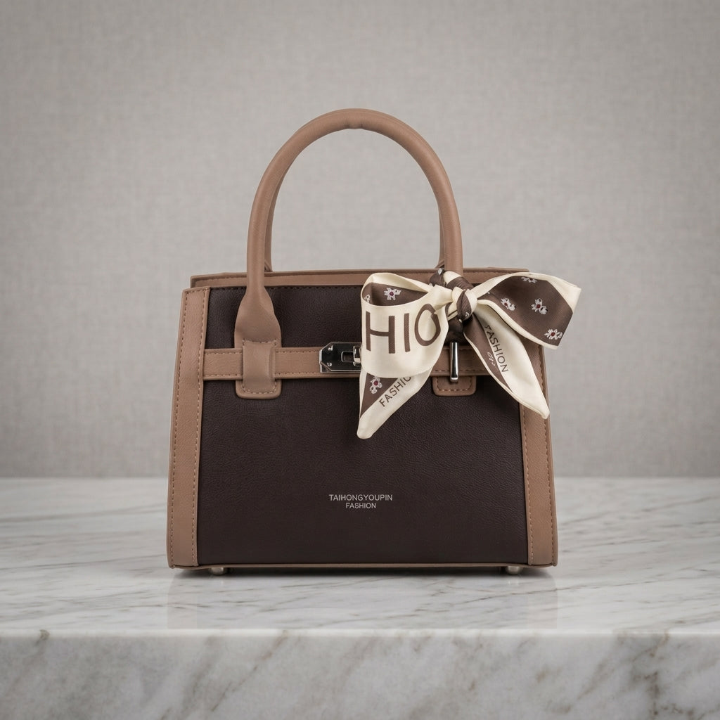Elegant Structured Top-Handle Satchel Bag with Scarf Accent