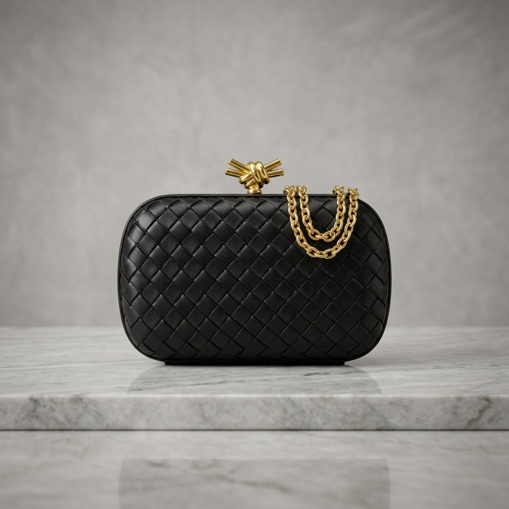 Woven Leatherette Box Clutch Bag – Knot Clasp Evening Minaudière