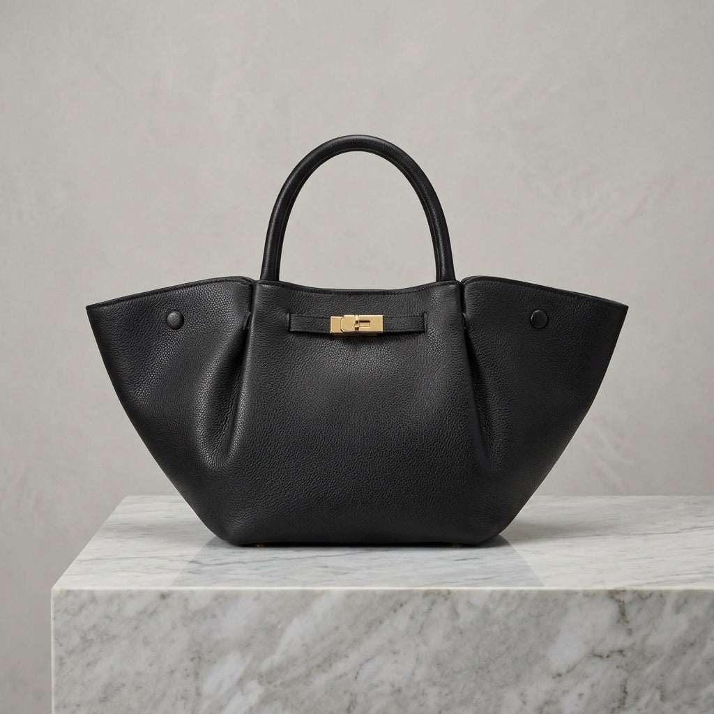 Structured Pebbled Leatherette Winged Tote Bag – Turn-Lock Top Handle Satchel