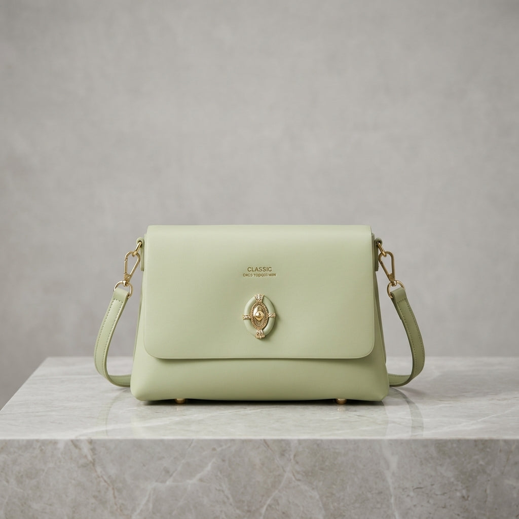 Classic Cream Flap Shoulder Bag with Pearl Accent & Gold Hardware