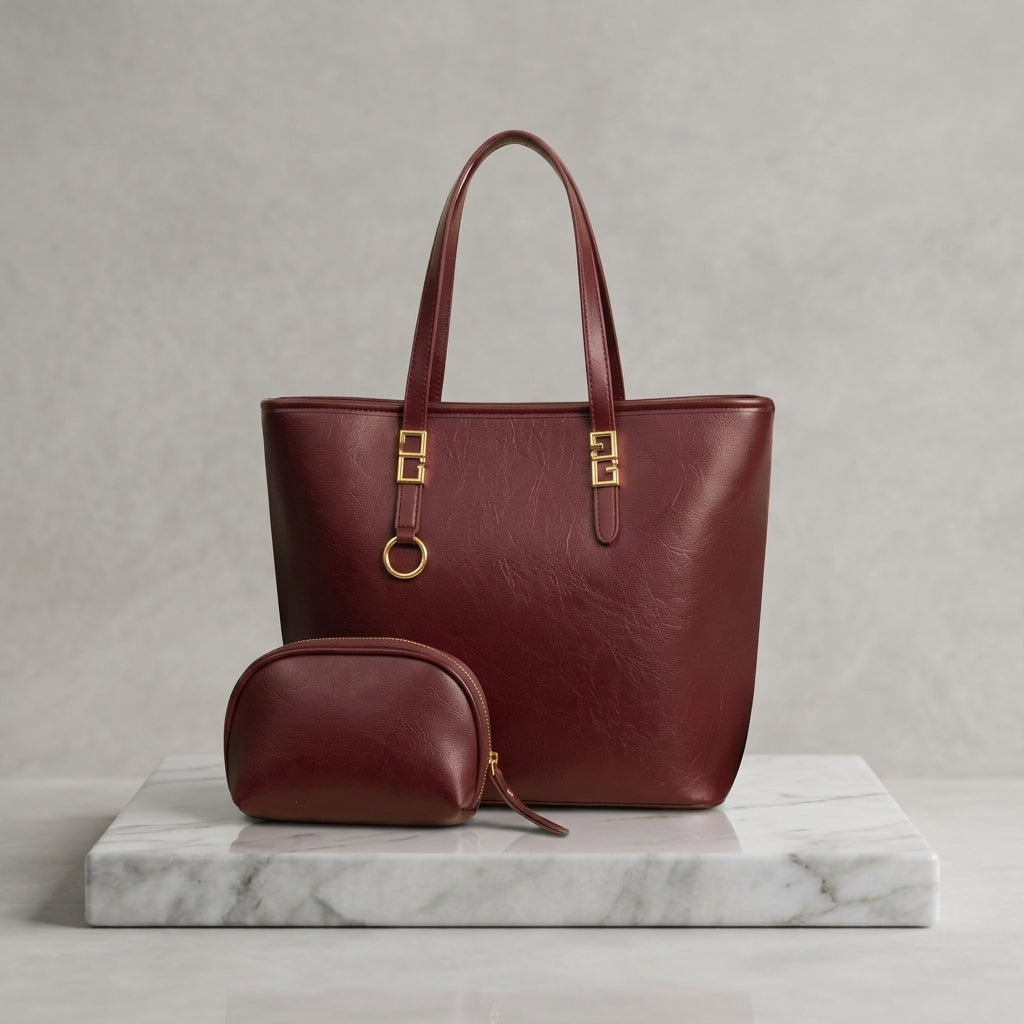 Elegant Leatherette Executive Tote Bag with Matching Cosmetic Pouch