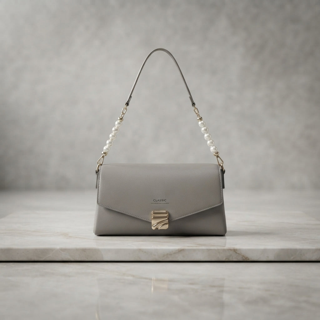 Classic Envelope Shoulder Bag with Pearl Accent & Gold Hardware Clasp