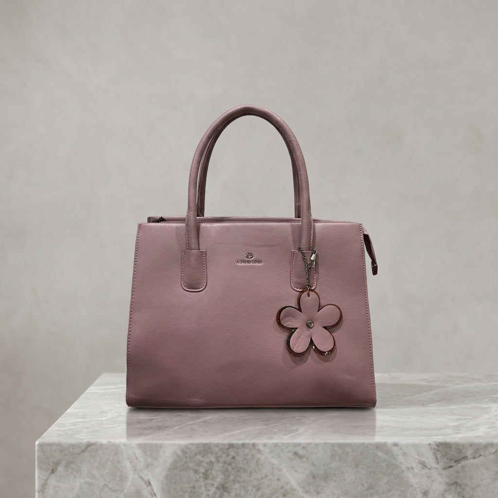 Pink Structured Top Handle Satchel Bag with Flower Charm