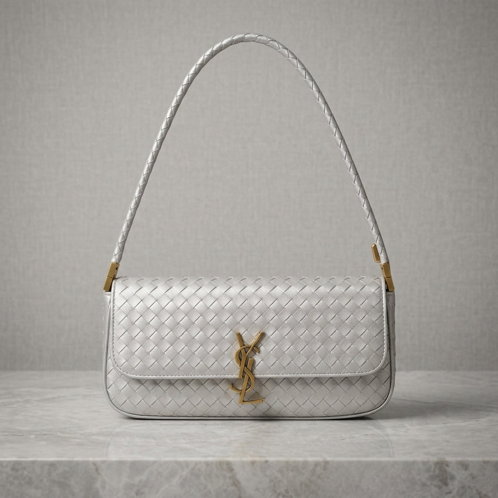Woven Metallic Leatherette Shoulder Bag with Gold Hardware Accent