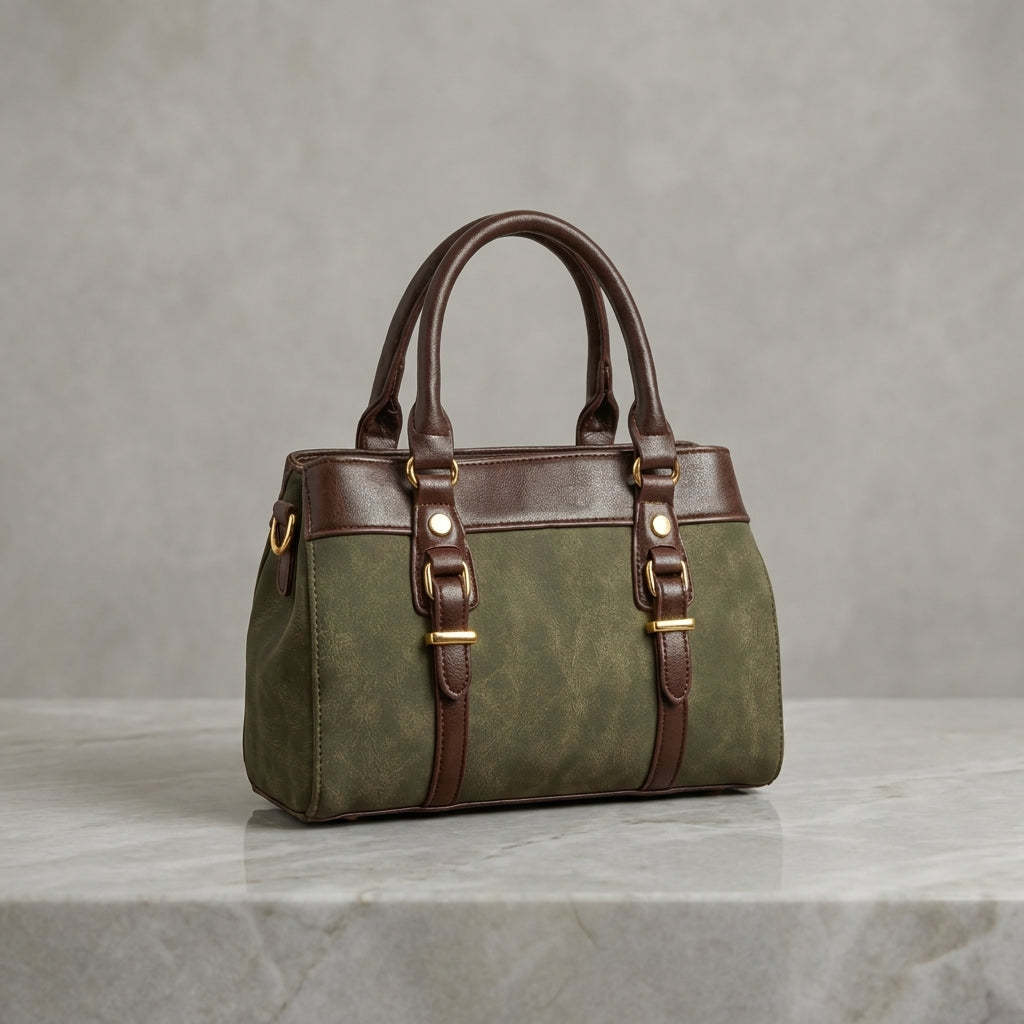 Dual-Tone Suede & Faux-Leather Satchel Bag with Beaded Tassel Accent