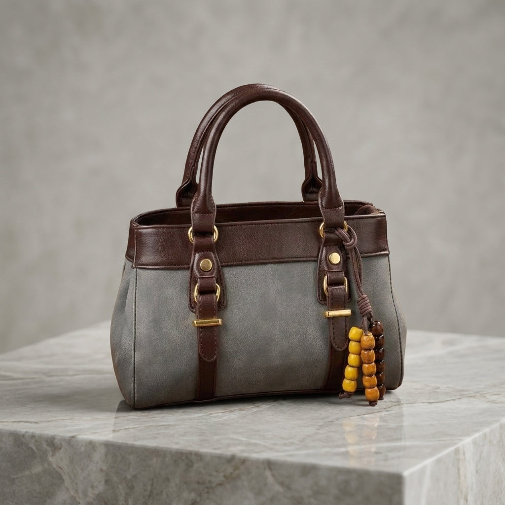 Dual-Tone Suede & Faux-Leather Satchel Bag with Beaded Tassel Accent