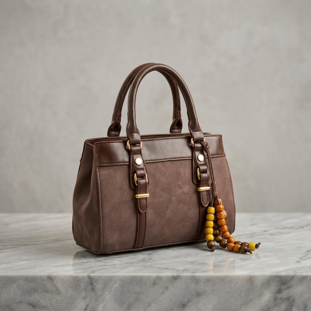 Dual-Tone Suede & Faux-Leather Satchel Bag with Beaded Tassel Accent