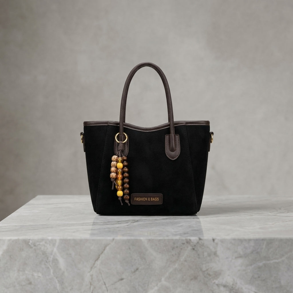 Vintage Suede Leatherette Tote Bag with Beaded Tassel Accent