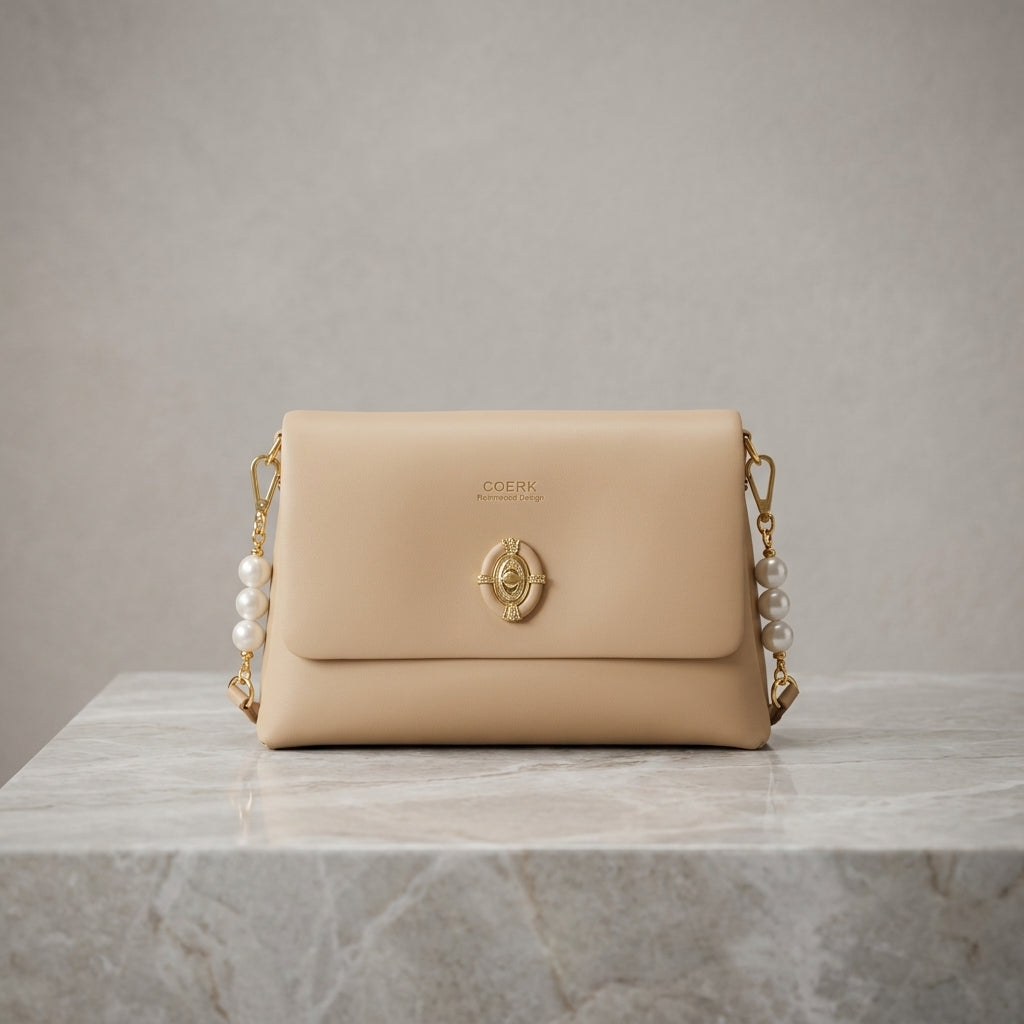 Classic Cream Flap Shoulder Bag with Pearl Accent & Gold Hardware