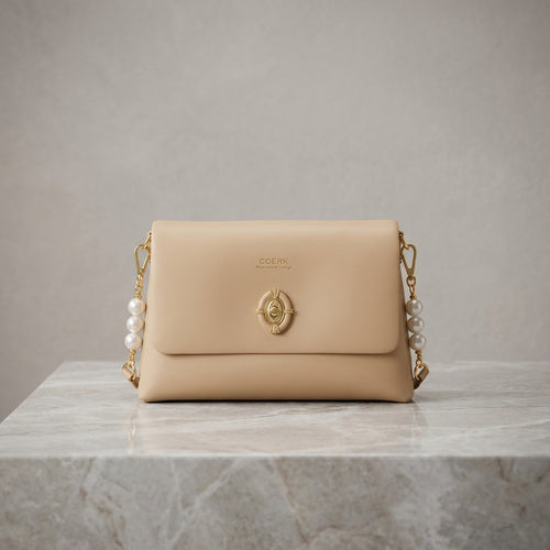 Classic Cream Flap Shoulder Bag with Pearl Accent & Gold Hardware