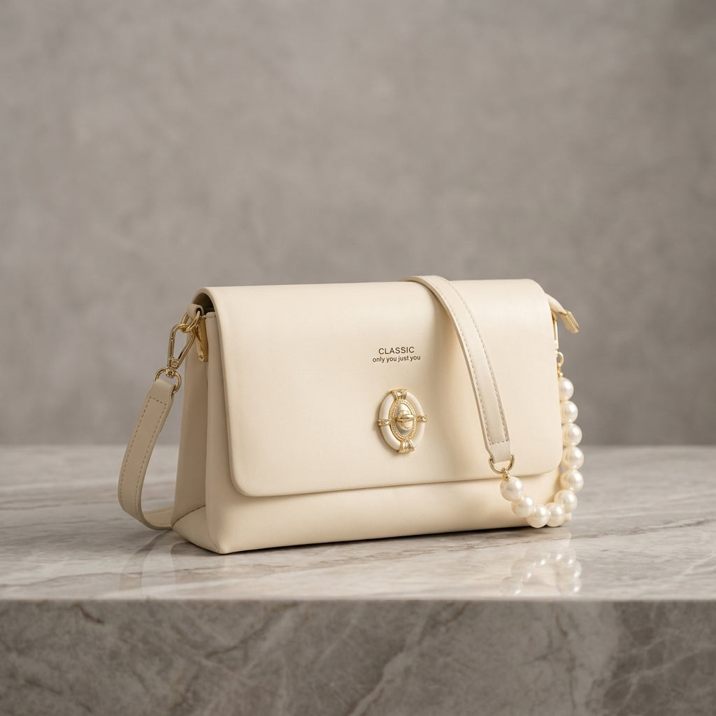 Classic Cream Flap Shoulder Bag with Pearl Accent & Gold Hardware
