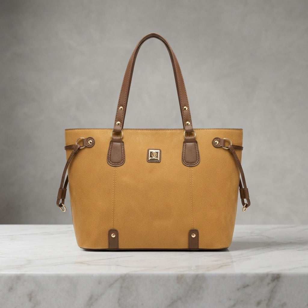 Dual-Tone Leatherette Drawstring Tote Bag with Gold Emblem