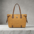 Dual-Tone Leatherette Drawstring Tote Bag with Gold Emblem