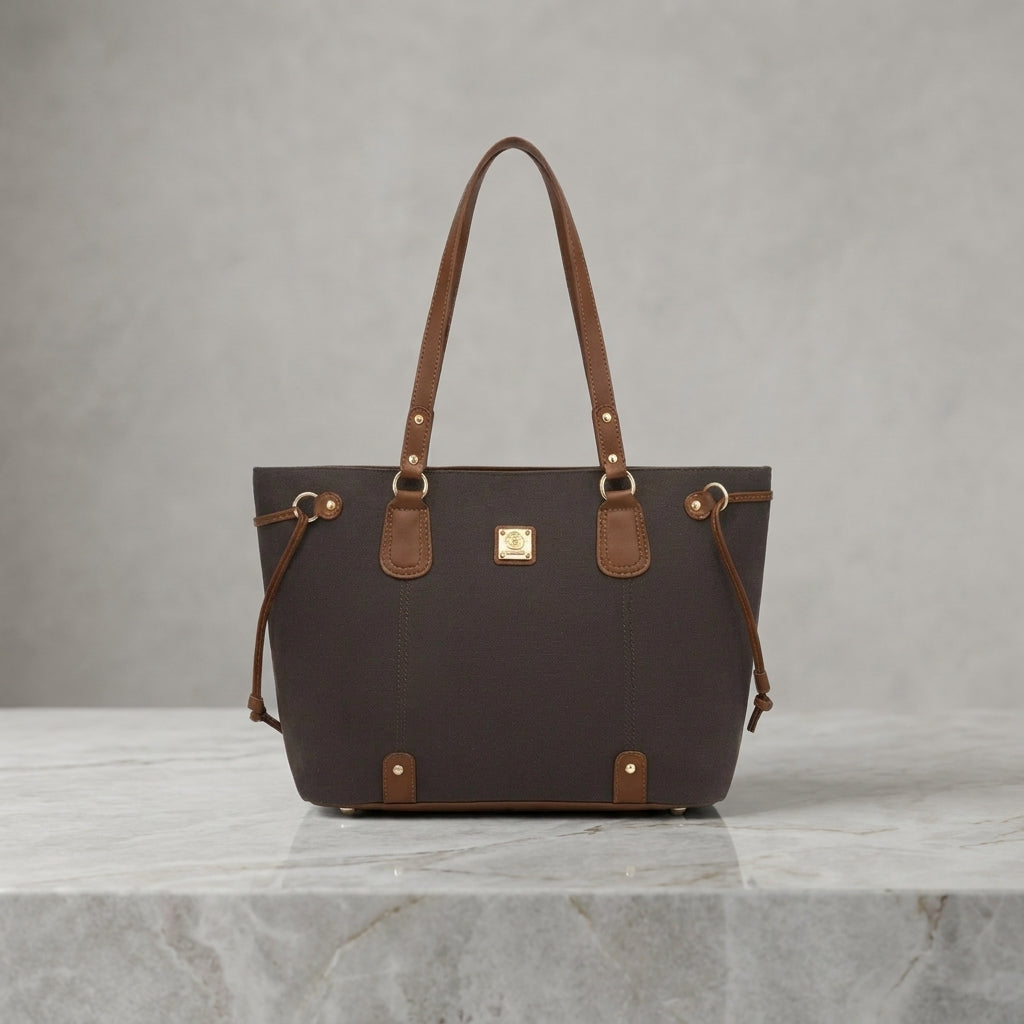 Dual-Tone Leatherette Drawstring Tote Bag with Gold Emblem