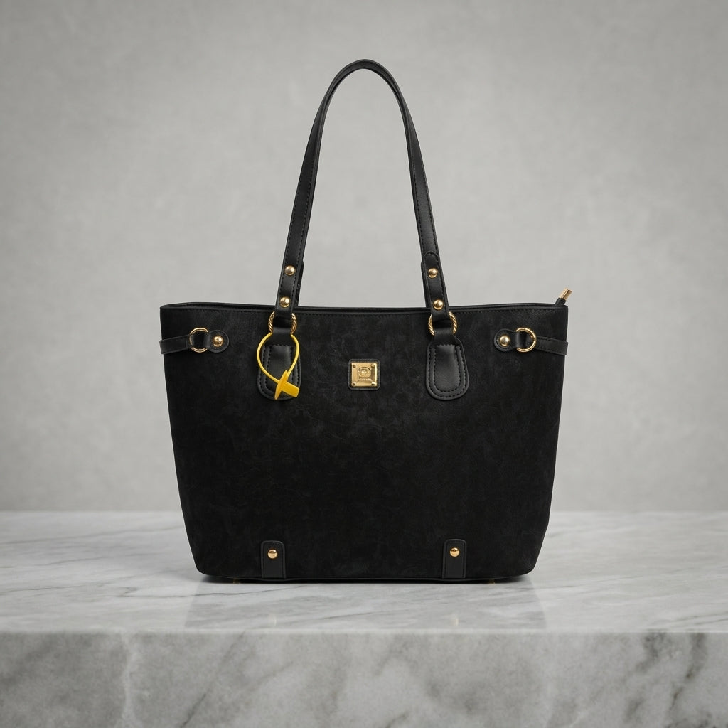 Dual-Tone Leatherette Drawstring Tote Bag with Gold Emblem