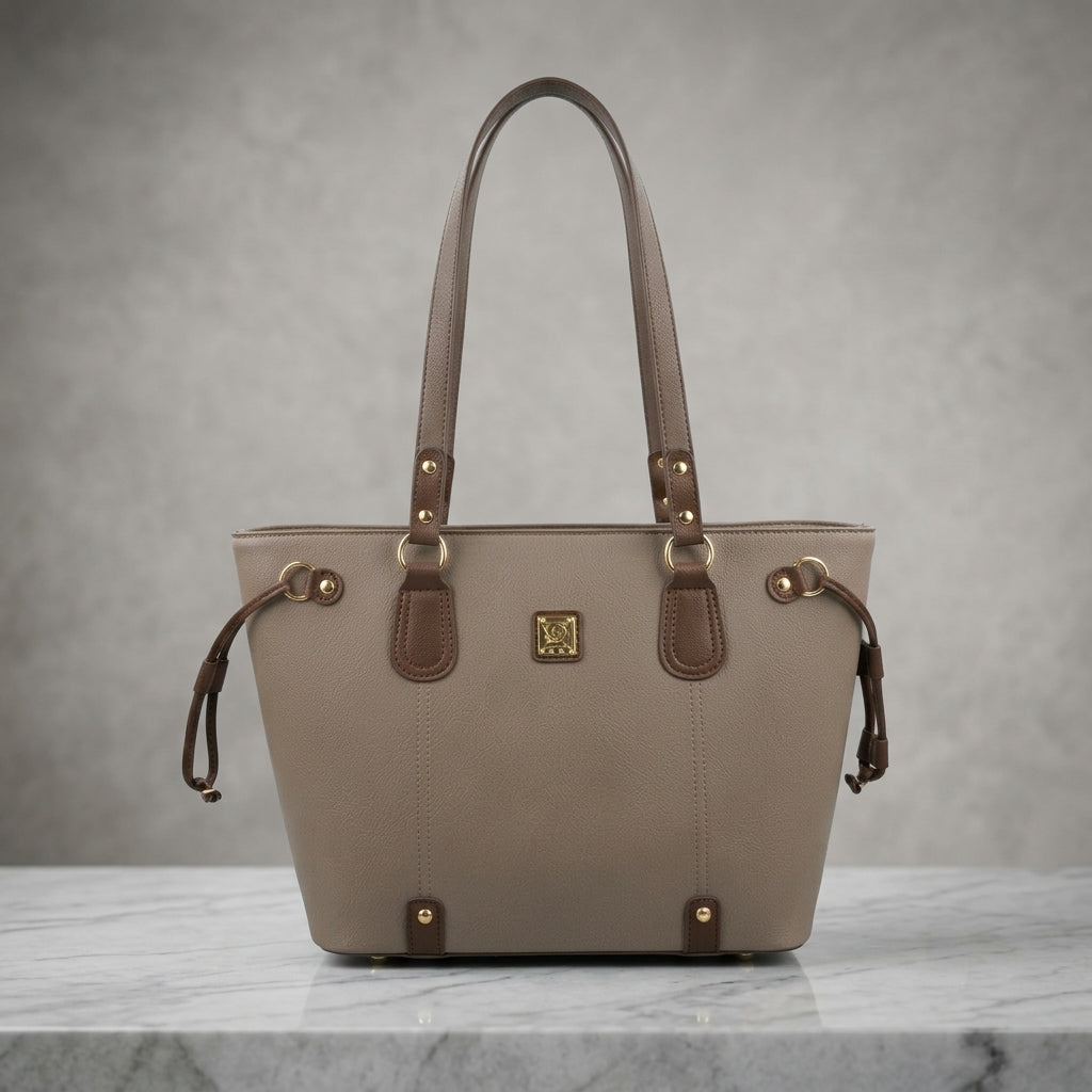 Dual-Tone Leatherette Drawstring Tote Bag with Gold Emblem