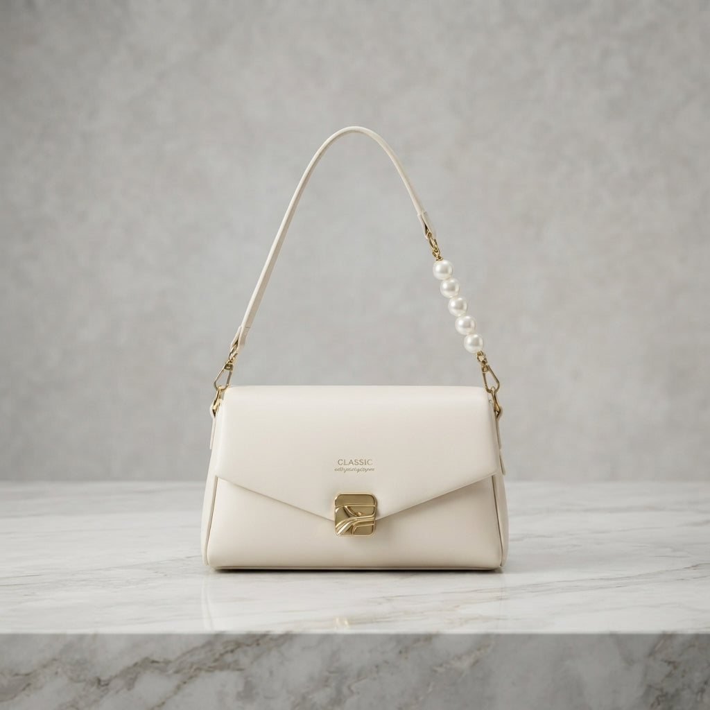 Classic Envelope Shoulder Bag with Pearl Accent & Gold Hardware Clasp