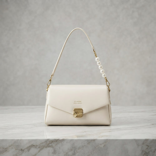 Classic Envelope Shoulder Bag with Pearl Accent & Gold Hardware Clasp