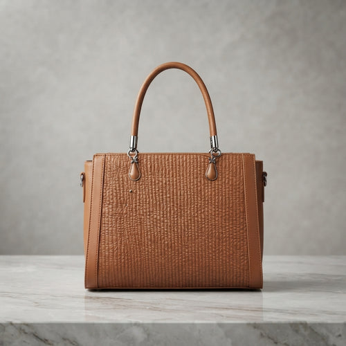 Classic Textured Leatherette Satchel Handbag with Key Tag Charm