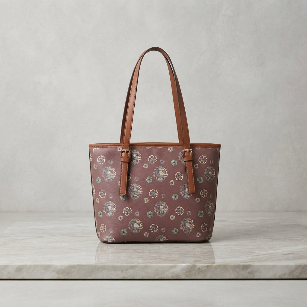Vintage Printed Pattern Tote Bag with Leather Straps