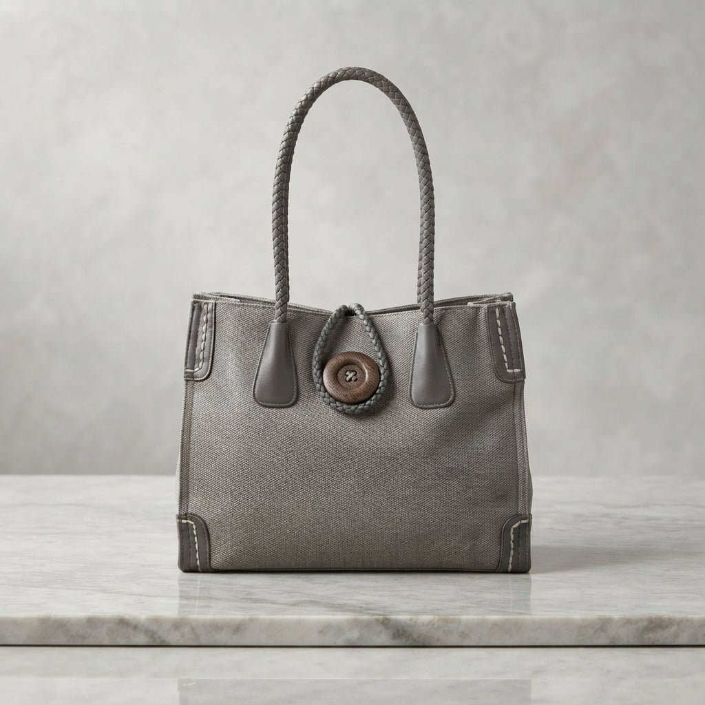 Rustic Canvas Tote Bag with Braided Handles & Button Clasp