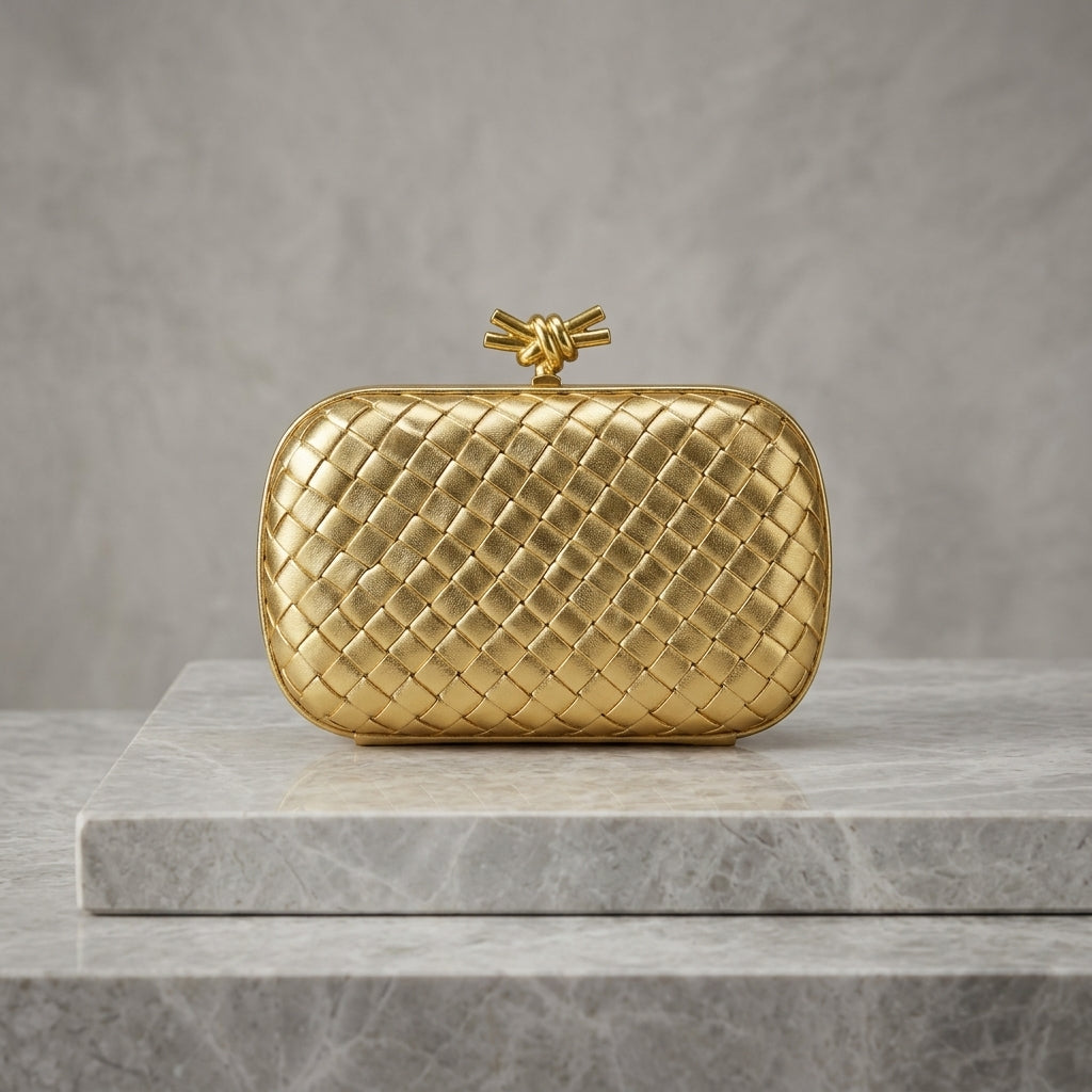 Woven Leatherette Box Clutch Bag – Knot Clasp Evening Minaudière