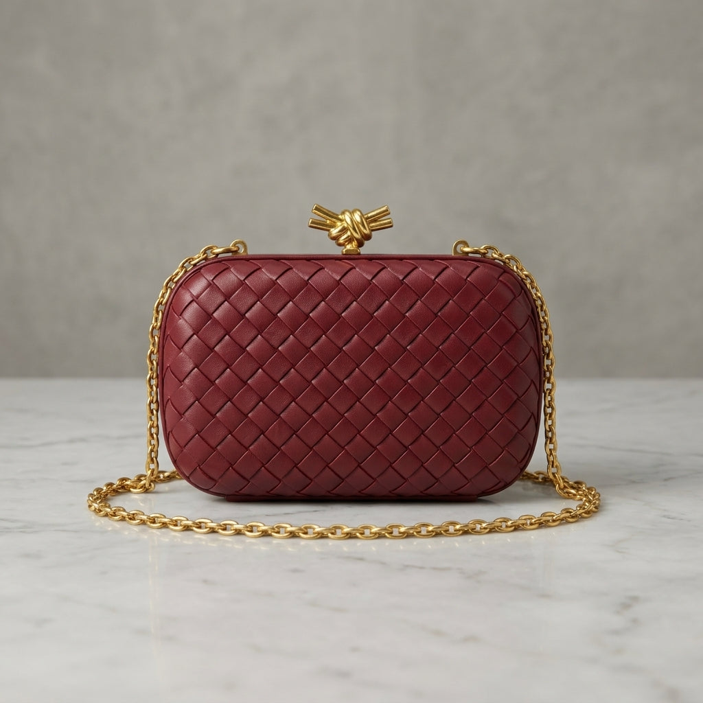 Woven Leatherette Box Clutch Bag – Knot Clasp Evening Minaudière