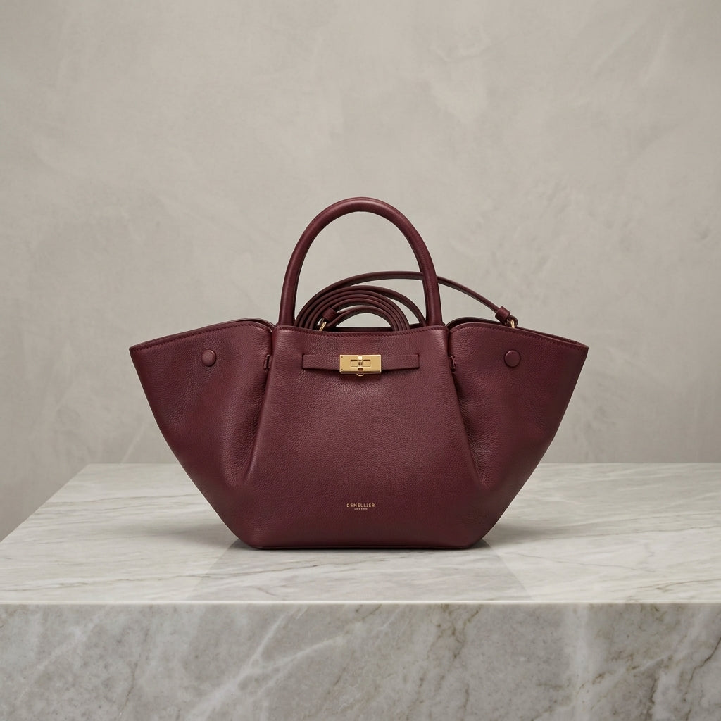 Structured Pebbled Leatherette Winged Tote Bag – Turn-Lock Top Handle Satchel